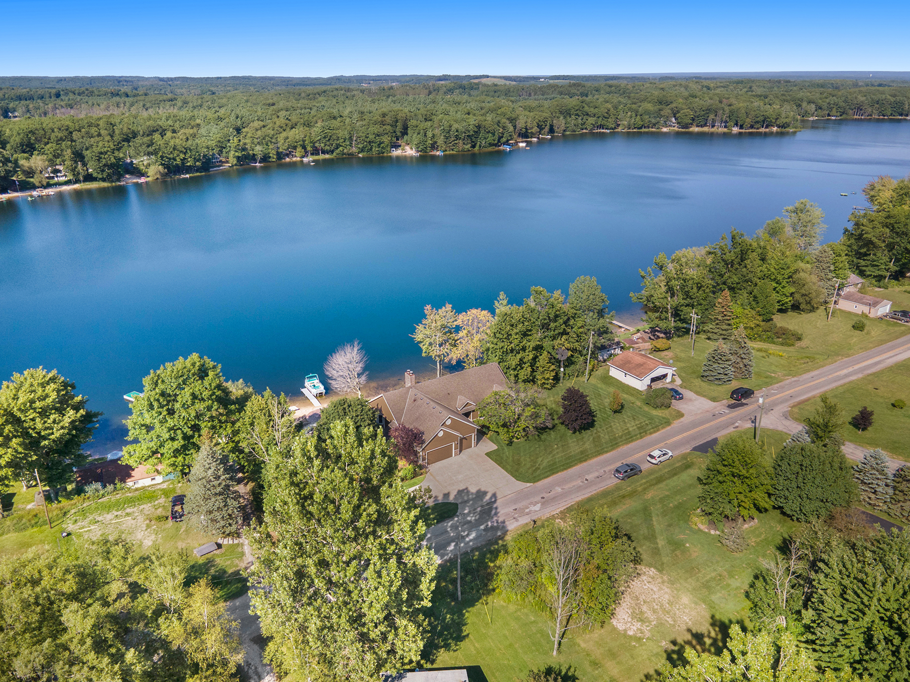 Aerial view of Lakeview Oasis on Chief Lake in Kaleva, Michigan